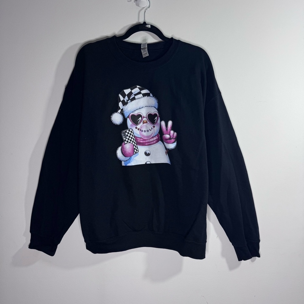 Gildan Snowman Graphic Sweatshirt XL Black Streetwear Crewneck